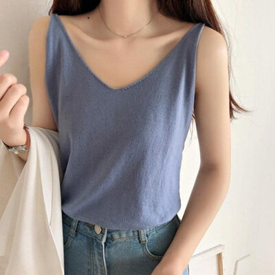 

2019 Womens Retro Sleeveless Sexy V-Neck Solid Knitted Tank Top