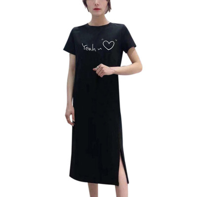 

Hot Sale Women Round Collar Short Sleeve Cartoon Print Long T-shirt Loose Mid-length Casual Dress