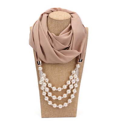 

New Style Fashion Scarves With Necklace Pearls Chiffon Pendant Stylish Scarf