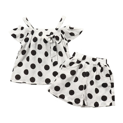

Summer Toddler Girl Clothing Dot Print Bow Flare Sleeve Off-shoulder T-shirt Blouse Tops Shorts Casual 2pcs Outfits
