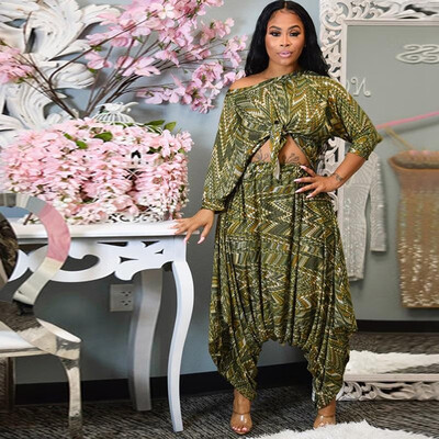 

Women Two Piece Suit Crop Top Wide Legs Pants One Shoulder Tied High Waist Palazzo Hot Street Wear