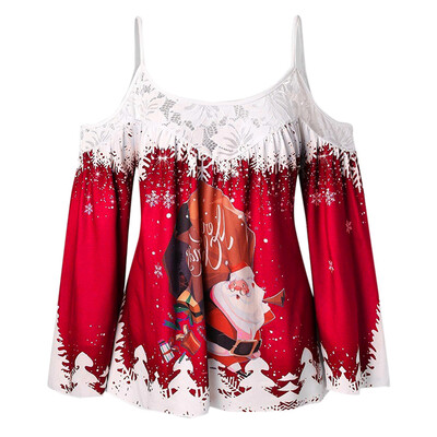 

Gobestart Women Fashion Lace Patchwork Spaghetti Strap Top Christmas Print Sling Blouse