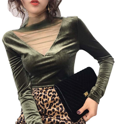 

Women Sexy V Neck T Shirt Mesh Stitching Long Sleeve T-Shirt Korean Style Fashion Solid Top