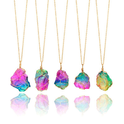 

Quartz Gold Plated Chakra Irregular Rainbow Stone Jewelry Pendant Necklace Natural Crystal