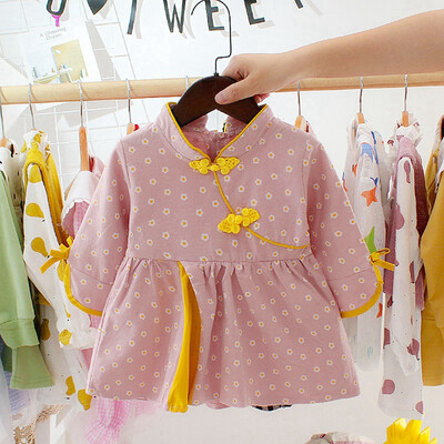 

Autumn Casual Baby Girls Flower Print Long Sleeve Dress Kids Toddler Tang Suit Princess DressesC 6M-3T