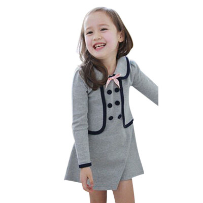 

Autumn Casual Baby Girls Long Sleeve Fake 2 Piece Design Dress With Bowknot Kids Dresses