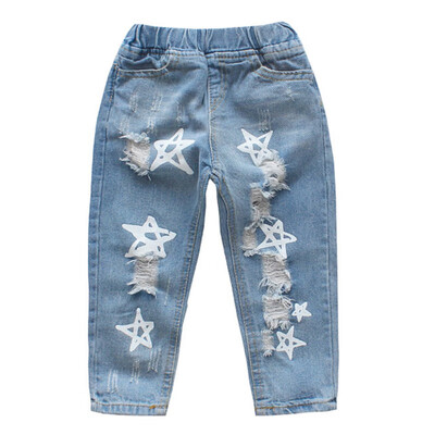 

Children Boys Girls Ripped Hole Jeans Fashion Teens Light Blue Slim Denim Pants