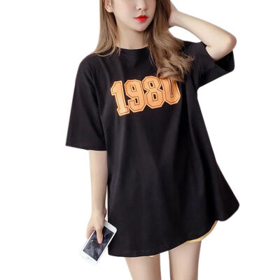 

Women Summer Loose Simple Number Letter Print Round Neck Short-sleeved Tops Solid Color Shorts Two-Piece set women 2019 New