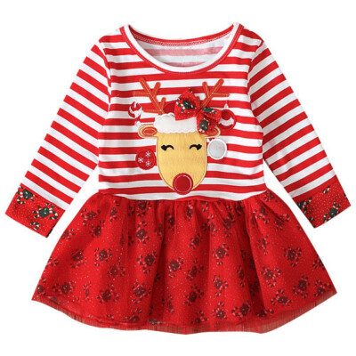 

hilittlekids Autumn Children Girl Christmas Deer Pattern Dress Long Sleeve Baby Casual Sundress Clothes