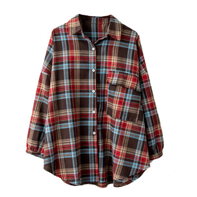 

Vintage Plaid Women Blouses Long Sleeve Shirts 2019 New Autumn Casual Loose Pocker Femme Tops