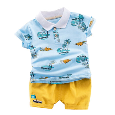 

Summer Casual Outfits Sets Baby Boys Clothes Short Sleeve Striped Cartoon Print Tops Blouse T-shirtShorts Children