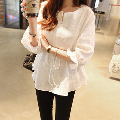 

Spring Three Quarter Butterfly Sleeve Tie Shirt Women Casual Cotton Solid Color Shirt White