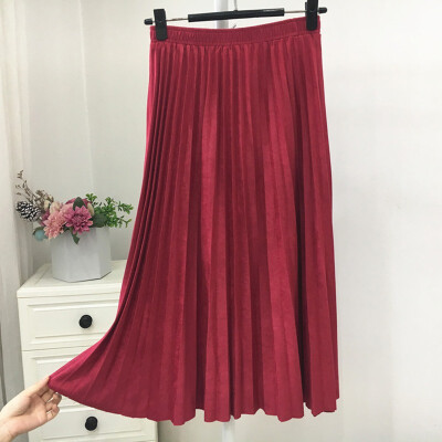 

Autumn Winter 2019 Women Pleated Skirt Elastic High Waist Long Skirts Casual Vintage A-line Suede Party Skirt Ladies Black Pink