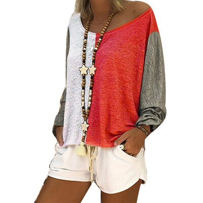 

Spring Women Plus Size Color Block Loose Long Sleeve Round Neck T-Shirt Top