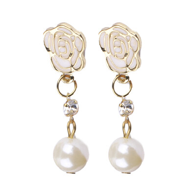 

New Hot Female Women White Artificial Pearl Rose-Shaped Eardrop Earrings Jewelry Accessoires