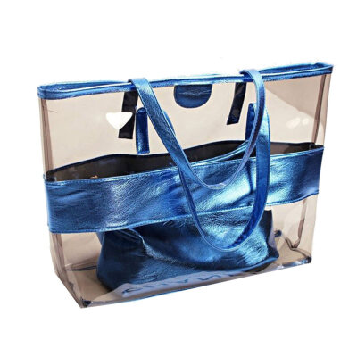 

2PcsSet Women Patent Leather Patchwork Transparent Tote Handbag Clutch Bag