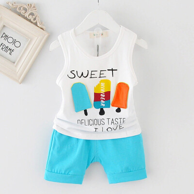 

2PcsSet Summer Baby Boys Sleeveless Cartoon Letter Print Tops Blouse VestShorts Casual Outfits Sets