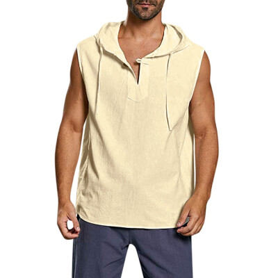 

Toponeto Mens Baggy Cotton Linen Solid Button Beach Sleeveless Hooded Shirt Tank Tops