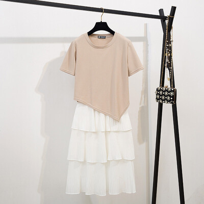 

Casual Womens Sets Sweet Solid Color O-Neck Short Sleeve Fashion Irregular T-Shirt Mid-Calf Cake Skirt Summer Sweet 2pcs