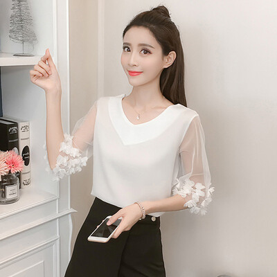 

2019 fashion chiffon womens clothing summer half sleeve women shirt blouse sweet o-neck womens tops blusas for women
