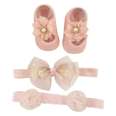 

Newborn Baby Cartoon Bowknot Flower Design Cotton Socks With Hairband Photography Props Set