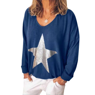 

Black T Shirt Women Autumn Sexy Star Print Loose T Shirt V Collar Long Sleeve Casual Wild T-Shirt Tops