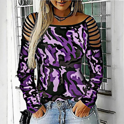 

Tailored Women Fashion O-Neck Print Camouflage Long Sleeve Shirt Strapless Top Blouse