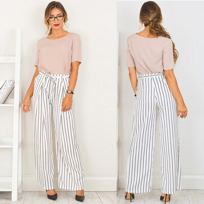 

Gobestart Women Ladies Loose Striped Belt Casual Wide Leg Long Trouser Pants