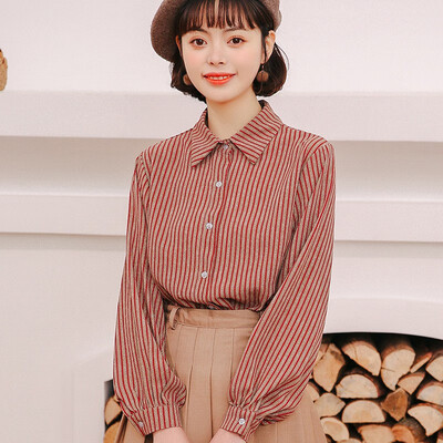 

New Vintage Turn-down Collar Autumn Striped Pattern Women Blouse Korean Style Loose Casual Red Lapel Long Sleeve Shirt