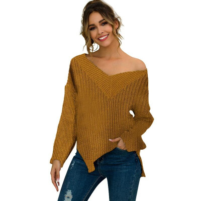 

Women Loose Knitted Pullovers Sweater Slit Side Long Sleeves Oversized Solid Autumn Winter Knitting Top