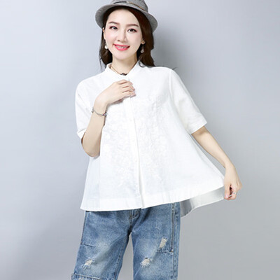 

2019 Plus Size Blouse Embroidered Floral Loose Stand Collar Embroidery Short Sleeve Single Breasted Top blusas mujer de moda