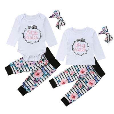 

New Sister Matching Kid Baby Girls Flower Romper T-shirt Pants 3Pcs Outfit Set