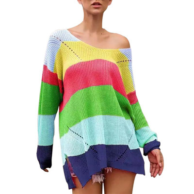 

Fashion Style Sexy V-neck Long-sleeved Sweater Casual Loose Colorful Stripe Pattern Knit Pullover