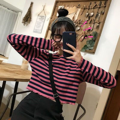 

Harajuku T Shirt Women Autumn Loose Round Collar Tshirt Autumn Stripes Print Loose Long Sleeve Casual Simple Wild T-Shirt Tops