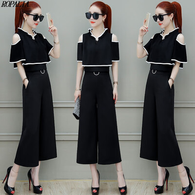 

Womens Temperament Ruffles Ruffled Cold Shoulder Color Block Top And Ankle-Length Pockets Wide Leg Pants Set