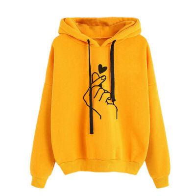 

Women Sweatshirt&Hoody Simple Autumn Harajuku Warm Long Sleeve Hooded Love Heart Print Plus Velvet Loose Yellow Pink Hoodies