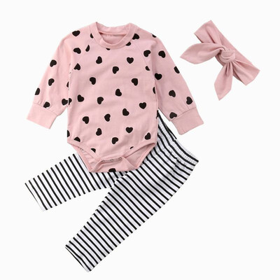 

New Year Baby Girls Clothes Set 3PCS Spring Girls Jumpsuits Striped Pants Bow Hair Band Girls Rompers Set