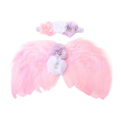 

Newborn Baby Angel Feather Wing With Lace Flower Headband Set Photo Props Outfit Costume