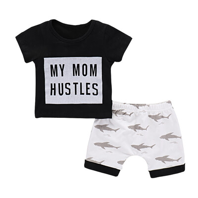 

Cute Infant Baby MY MOM HUSTLES letter black T-shirt TopsPants Outfit baby boy Clothes Set cotton summer baby boys clothing