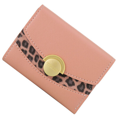 

Lady Leopard Patchwork Round Button Trifold Short Wallet Faux Leather Coin Purse