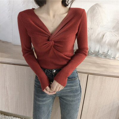 

Womens Sexy V-Neck Long Sleeve Knitted Tops Cross Tie Sweater Jumper Blouse New