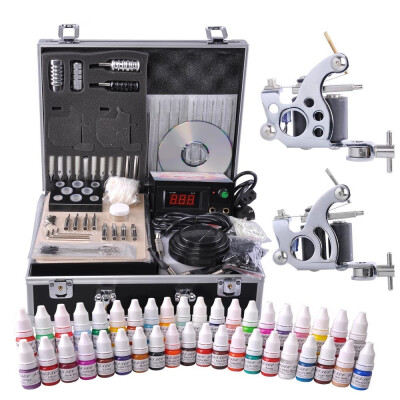 

Complete Tattoo Kit 2 Machine Guns 10 Wrap 40 Inks LCD Power Supply Foot Switch Equipment Set with Carrying Case