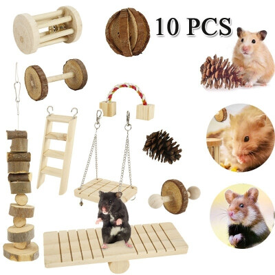 

10Pcsset Natural Wooden Exercise Bell Roller Toy Wooden Dumbbells Teeth Care Molar Toy Hamster Toy Set