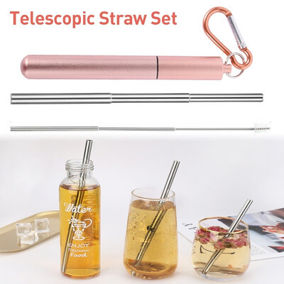 

3Pcsset Collapsible Reusable Straws Telescopic Stainless Steel Metal Travel Straw Drinking with Case Cleaning Brush&Keychain