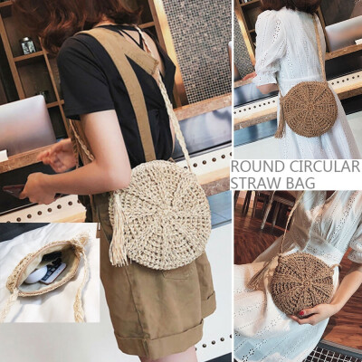 

Two Colors Omen Tassels Round Crossbody Shoulder Bag Beach Circular Rattan Wicker Straw Woven Basket Tote Bag