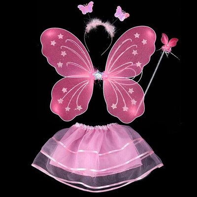 

4Pcs Fairy Princess Kids Costume Sets Butterfly Wings Wand Headband Tutu Skirt