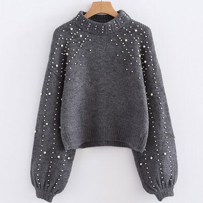 

Simenual Autumn winter 2018 women sweaters&pullovers bead lantern sleeve knitted sweater pullover female grey slim jumpers