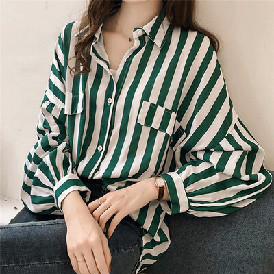 

Womens Loose Striped Long Sleeve Plus Size Shirt