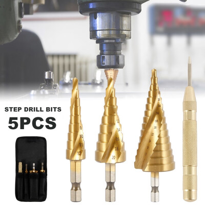 

5pcs Hexagonal Shank Titanium Plated Spiral Groove Step Drill