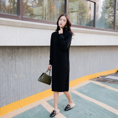 

Autumn&winter turtleneck women with a thick&loose size to show thin&long wool dress over the knee sweater dress